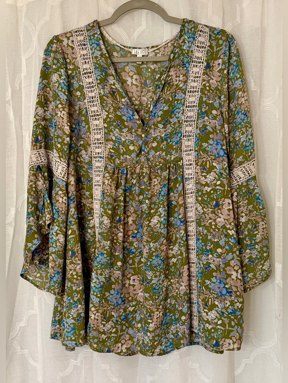 Spense Olive & Blue Floral Boho Babydoll Tunic Blouse Lace Trim | Medium
